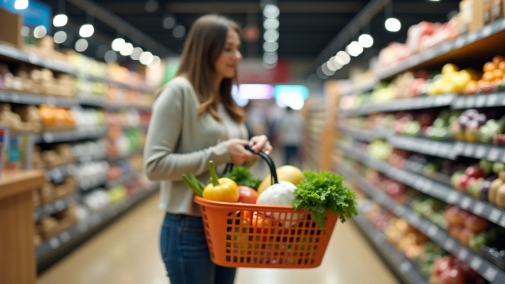 Person shopping in grocery store pushing cart